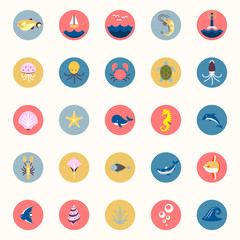 Marine icons set. Sea and ocean emblems. Flat cartoon web buttons for apps and games or arcades. Elements in retro style. Creatures and fish sticker collection