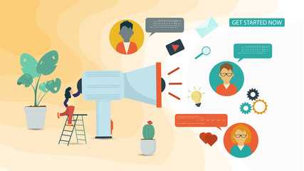 Banner little woman chatting over a loudspeaker with users For a Website Or Mobile Apps Artificial Intelligence Concept Flat Vector Illustration