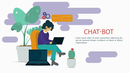 girl with a laptop is sitting in a chair among two flowers of plants For a Website or Mobile Applications Artificial Intelligence Concept Flat Vector Illustration