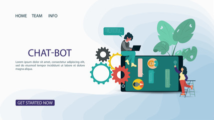 Small women next to the phone communicate in a virtual chat with users For a Website Or Mobile Applications Artificial Intelligence Concept Flat Vector Illustration