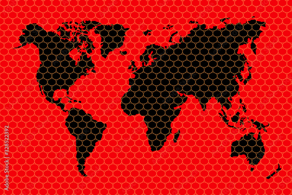 Wall mural world map with continents and islands of black on a red background with a grid