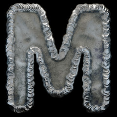 Industrial metal alphabet letter M on black background 3d