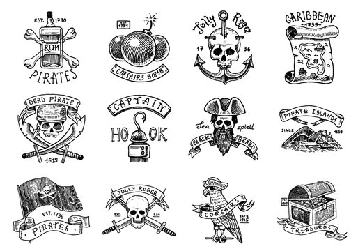 Set of pirate labels. Corsairs, skull at anchor, map to treasure, military black beard, Caribbean island. Jolly roger. Hand drawn Engraved old labels or badges. Marine Nautical or sea, ocean emblem.