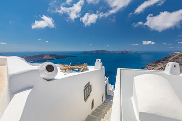 Obraz premium Wonderful views, Santorini, Greece. Luxury summer vacation background, honeymoon travel destination. White architecture over Santorini, tranquil caldera views