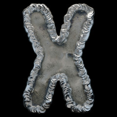 Industrial metal alphabet letter X on black background 3d