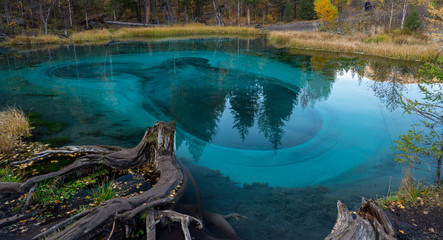 Blue geyser lake in the mountains