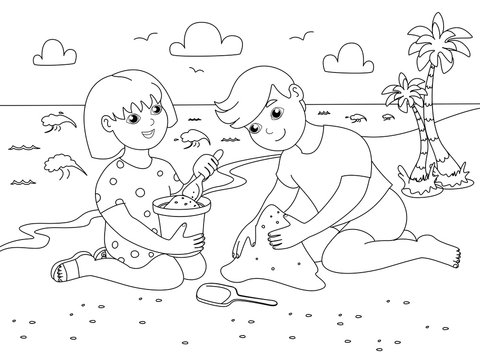 Children play on the sand beach. Holidays at sea. Children coloring. Black lines, white background. Cartoon vector