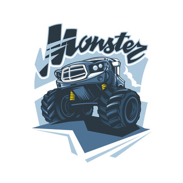 Monster truck logo in hand drawing style. Vector graphics.