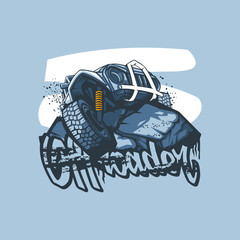 Logo with SUV on top of the mountain with the inscription Offroader on a blue background. © slava