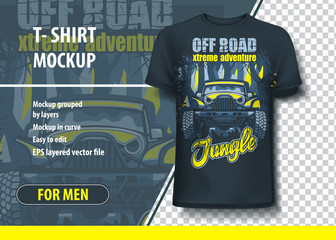 T-shirt mock-up template with Off Road Extreme Adventure Jungle. Editable vector layout.