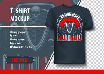 T-shirt mock-up template with Custom Made Hot Rod logo. Editable vector layout.