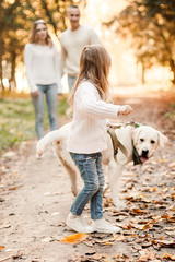 Fototapeta premium Little beautiful girl and parents walking with dog labrador in the park.