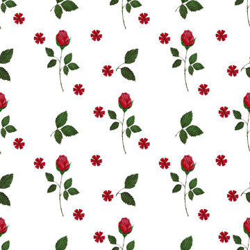 Watercolor seamless pattern with sprigs of red roses and red bows.On white background.For wrapping paper, fabrics,textiles and clothing, wallpaper,cards and other design projects.