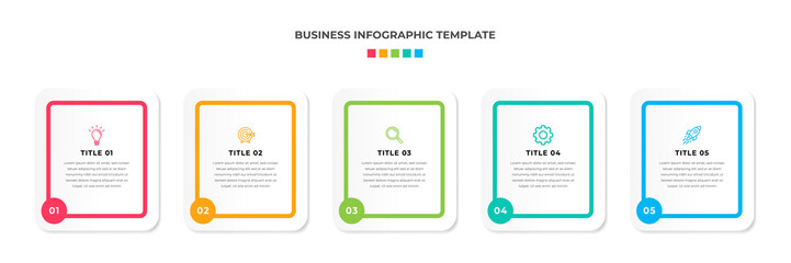 Modern Minimalist Business Infographic template square shape. 5 steps / option timeline with icons. For presentation, process, diagram, workflow, chart, web. Vector with red, blue, green, orange color