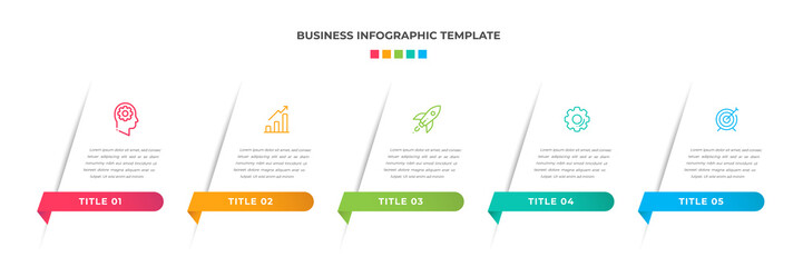 Modern Minimalist Business Infographic template square shape. 5 steps / option timeline with icons. For presentation, process, diagram, workflow, chart, web. Vector with red, blue, green, orange color