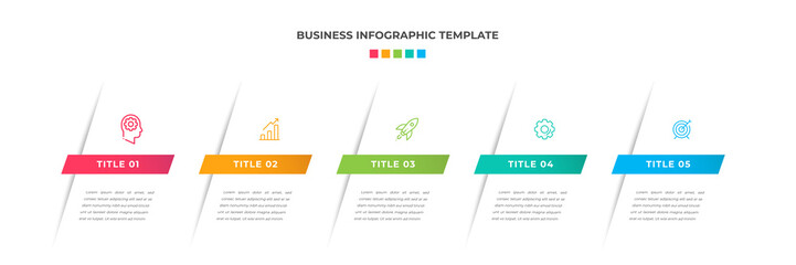 Modern Minimalist Business Infographic template square shape. 5 steps / option timeline with icons. For presentation, process, diagram, workflow, chart, web. Vector with red, blue, green, orange color