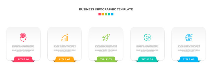 Modern Minimalist Business Infographic template square shape. 5 steps / option timeline with icons. For presentation, process, diagram, workflow, chart, web. Vector with red, blue, green, orange color