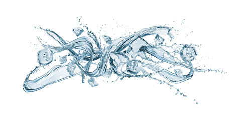 splashing of water waves with ice cube, isolated on white