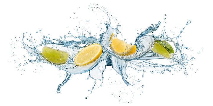 Splashing Of Water Waves With Lemon Slices, Isolated On White