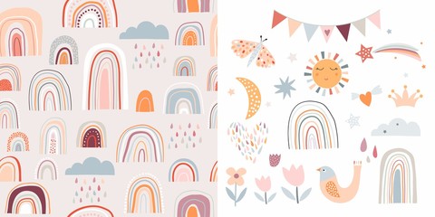 Fototapeta premium Childish set with rainbows, seamless pattern and cute elements, decorative design, pastel colors