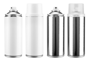 Paint spray aluminum silver bottles with white blank copy space label and without. Coating can set...