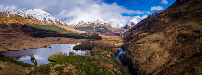 aerial drone shot of glen etive in the argyll region of the highlands of scotland showing loch etive and the entrance to glencoe © Andy Morehouse