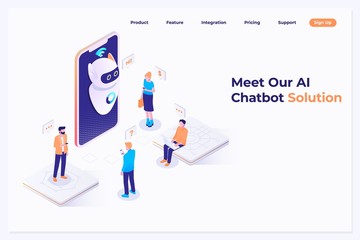 Mans and women chatting with chatbot application. AI and business IOT concept. Vector isometric illustration