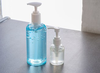Alcohol hand sanitizer gel in the pump bottle for protecting infection from a Covid-19 and other viruses.