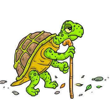 Cartoon Old tortoise walking with stick.