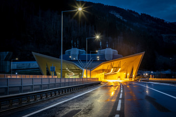 Fototapeta na wymiar illuminated freeway tunnel portal on highway A9 named gleinalmtunnel in styria, austria