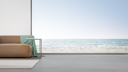 Sofa on concrete floor of large living room in modern house or luxury hotel. Minimal home interior 3d rendering with beach and sea view.