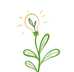 Fototapeta na wymiar Vector drawing Save the planet, sprout greenery with leaves with a light bulb. Use for poster on environmental theme, ecology, poster, postcard, design, social media.