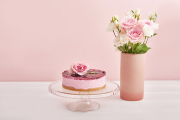 Spring card template. Happy Birthday or Valentine. Women's Day. Greeting card for mother's day. Congratulation with Easter. Flower card. Copy space. Wedding invitation. Cake with flowers