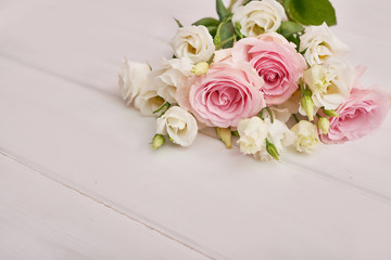 Spring card template. Happy Birthday or Valentine. Women's Day. Greeting card for mother's day. Congratulation with Easter. Flower card. Copy space. Wedding invitation. Roses on white background