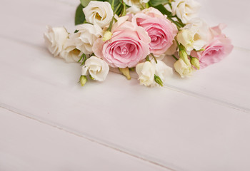 Spring card template. Happy Birthday or Valentine. Women's Day. Greeting card for mother's day. Congratulation with Easter. Flower card. Copy space. Wedding invitation. Roses on white background