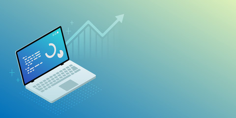 Laptop and data analysis chart isometric illustration with copy space