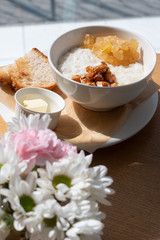 Healthy eating concept. Tasty healthy breakfast: cereal and fruit in a bowl. 