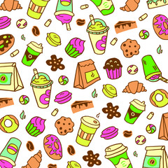 Doodle white background with coffee cups, coffee beans, donut, marshmallows, craft bags, baking for coffee, candy canes and macaroons.