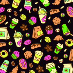 Doodle brown background with coffee cups, craft bags, coffee beans, baking for coffee, marshmallows, candy canes and macaroons