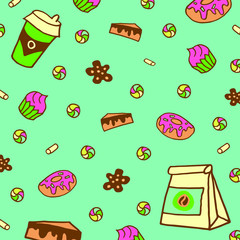 Doodle blue background with coffee cup, cookies, marshmallows, candy canes, craft bag, donuts, cheesecakes and cupcakes.