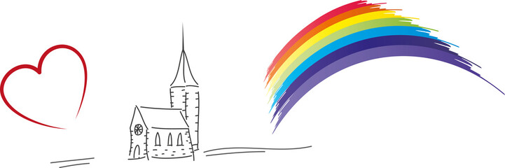 Zum Glauben finden. Kirche mit Herz und Regenbogen - der Glaube an Gott, Christen, Einladung zur Konfirmation, Firmunf, Taufe, Heirat, vektor, isoliert
