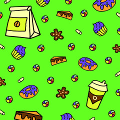 Doodle green background with coffee cup, cookies, marshmallows, candy canes, craft bag, donuts, cheesecakes and cupcakes.