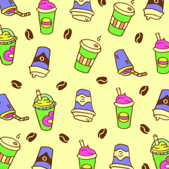 Doodle beige background with coffee cups, dessert cups with tubules and coffee beans.