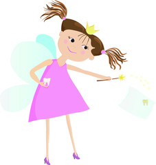 Tooth Fairy changes an old tooth to a new one. Old tooth lies on a pillow