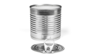 Empty food tin can on a white. Recycle concept