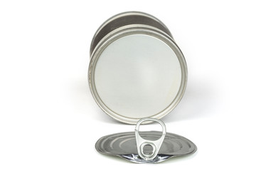 Naklejka premium Empty food tin can on a white. Recycle concept