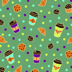 Doodle gray green background with coffee cups, cookies, croissant and macaroons. Background decorated with colorful circles.