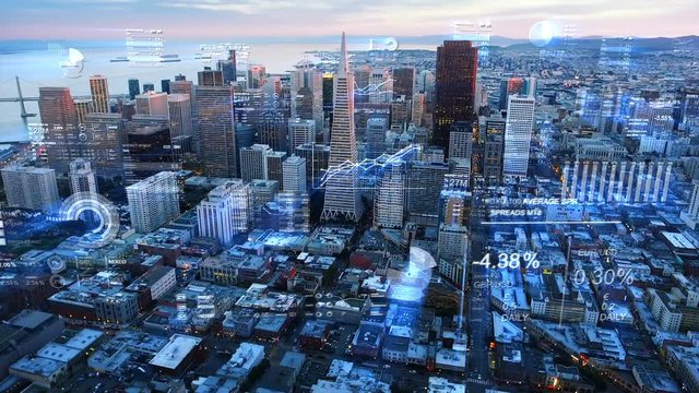  Financial charts and data over San Francisco. Futuristic city skyline. Big data, Artificial intelligence, Internet of things, VR. Stock exchange figures. Aerial view.
