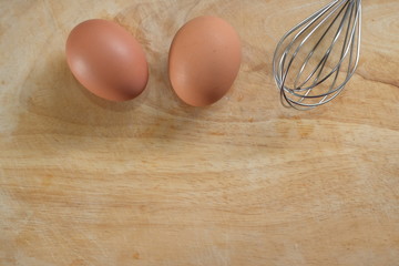hen egg put on wood cutting board in kitchen prepare cooking
