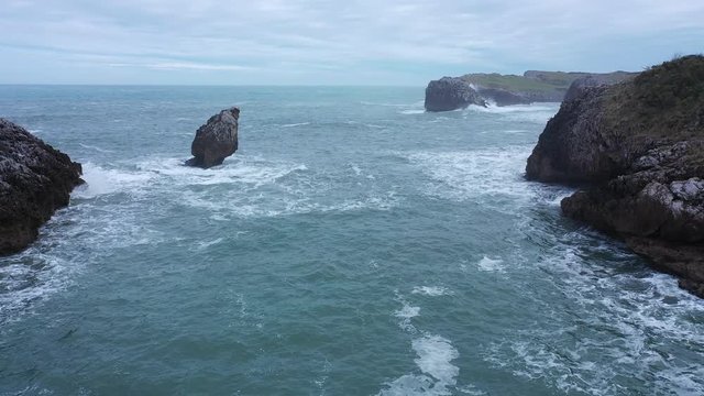 Drone view of El Picon, Aerial view of Buelna Beach, Asturias, Spain, Europe